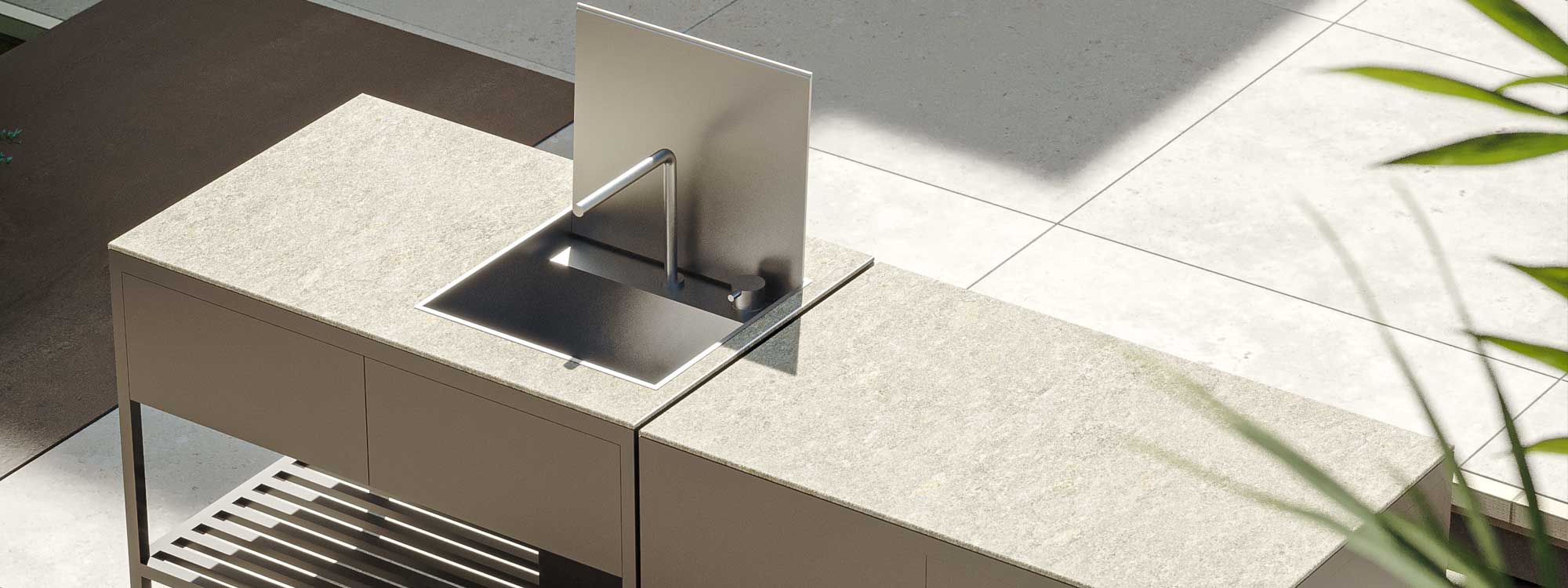 Image of aerial view of Eterna outdoor kitchen's stainless steel sink by Oiside