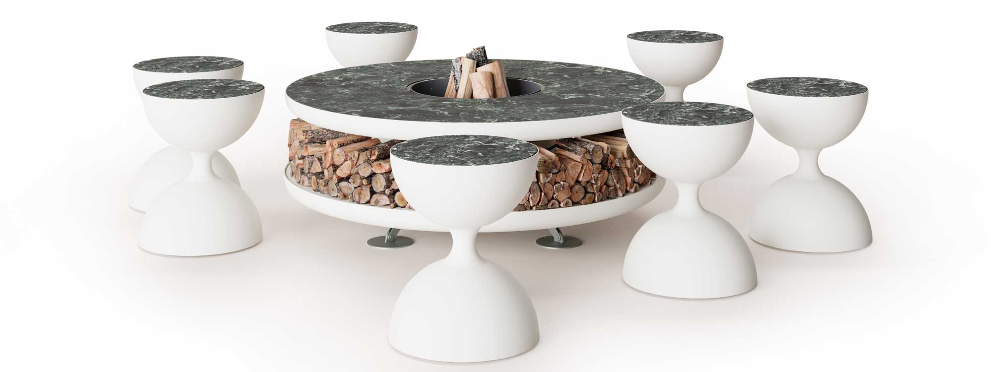 Studio image of Moon Plus minimalist fire pit and Glos hourglass stools by AK47 Design, Italy.