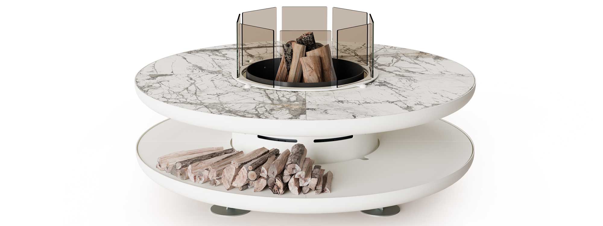 Studio image of Moon Plus large circular fire pit with Imperial Grey marble-effect ceramic top & smoked glass fire screen panels by AK47 Design Italy.