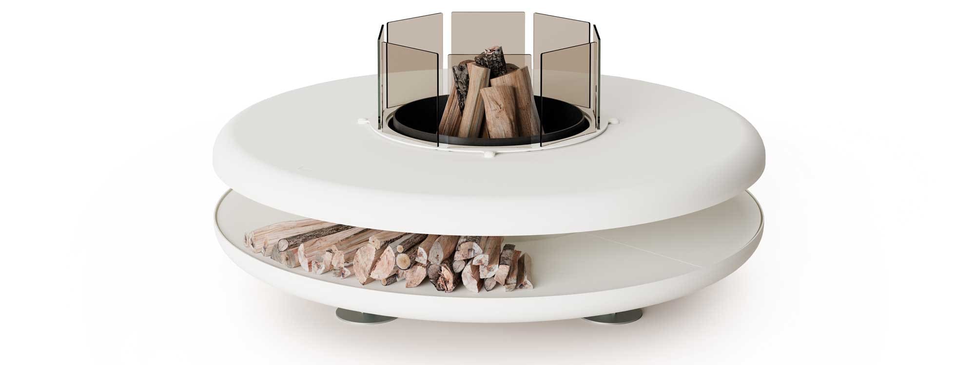 Studio image of Moon large round fire pit with smoked toughened glass spark guard panels by AK47 Design, Italy.