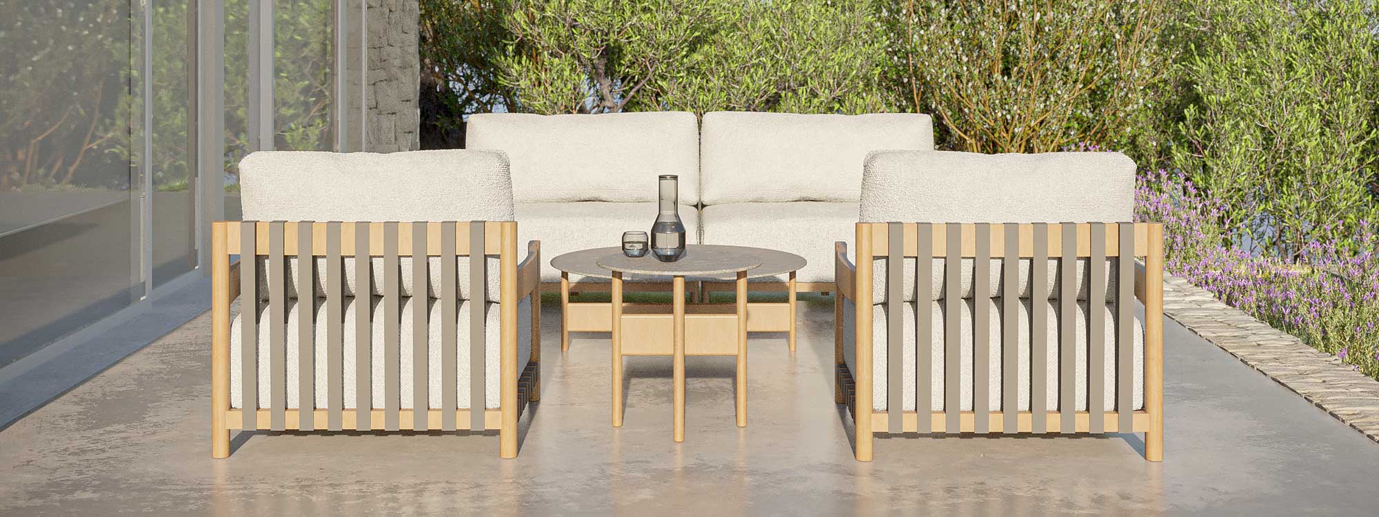 Image of Natura iroko garden sofa and lounge chairs with Scandinavian-inspired design by Oiside