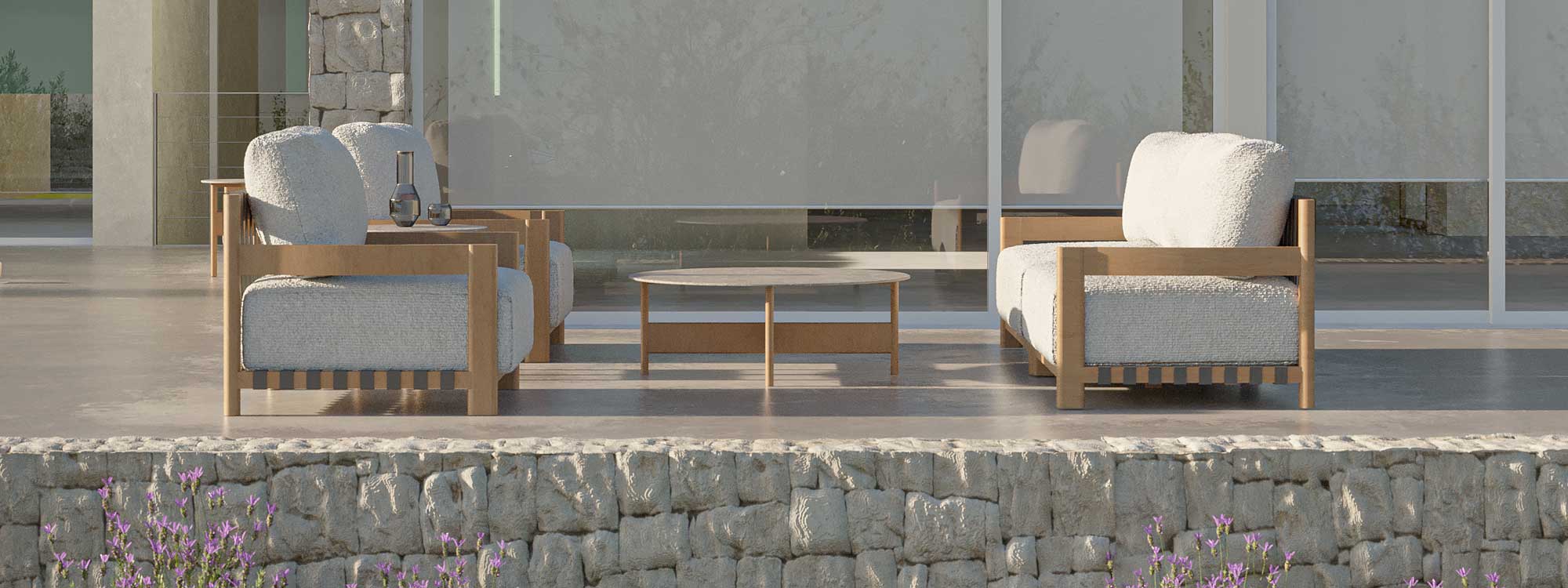 Image of Oiside Natura iroko garden sofa and lounge chairs on a sunny modern terrace