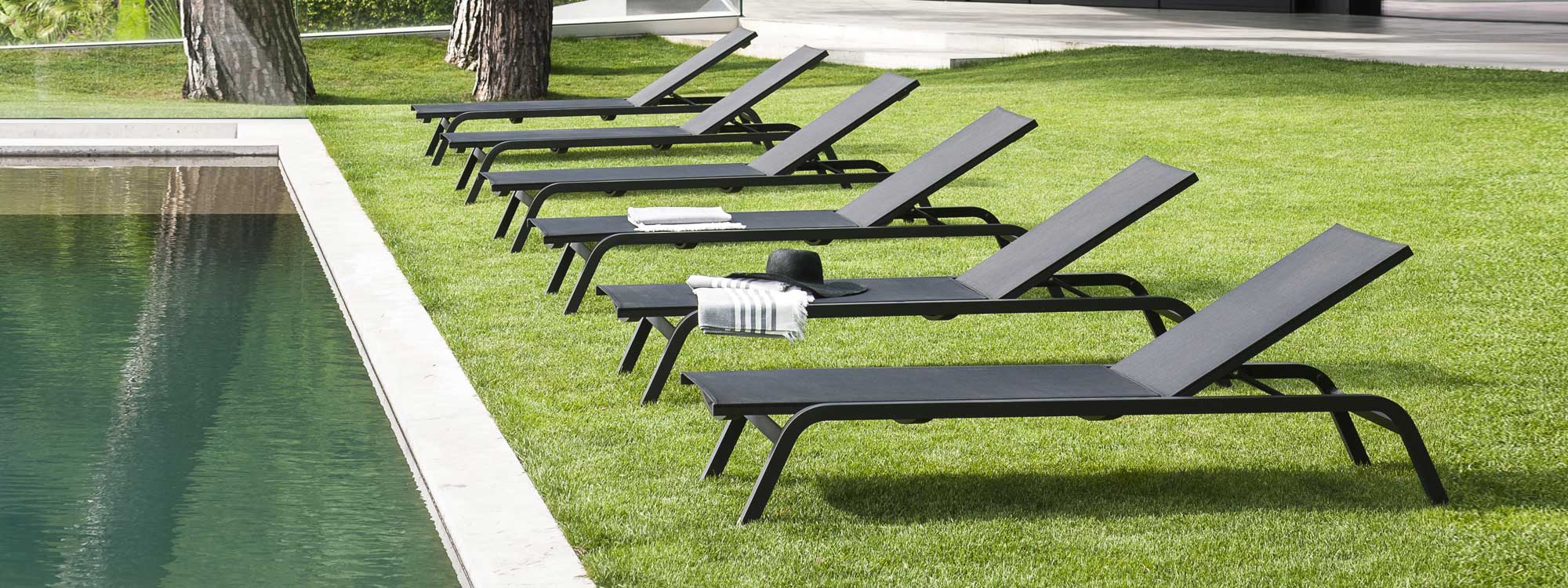 Image of row of black Surfer sun loungers by RODA on lawn next to swimming pool