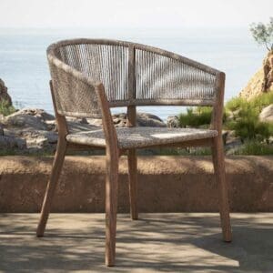 Image of Carés teak garden chair with woven back & seat in taupe coloured Batyline fibre