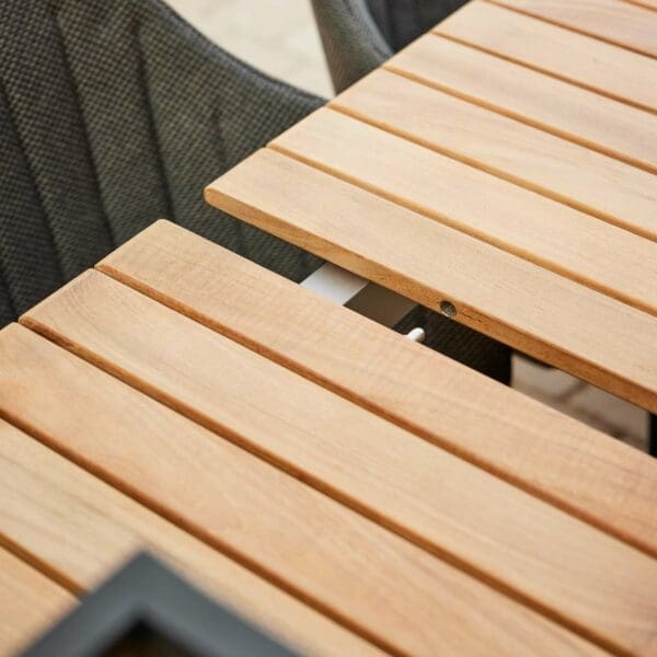 Image of details of Drop extending dining table's teak leaves
