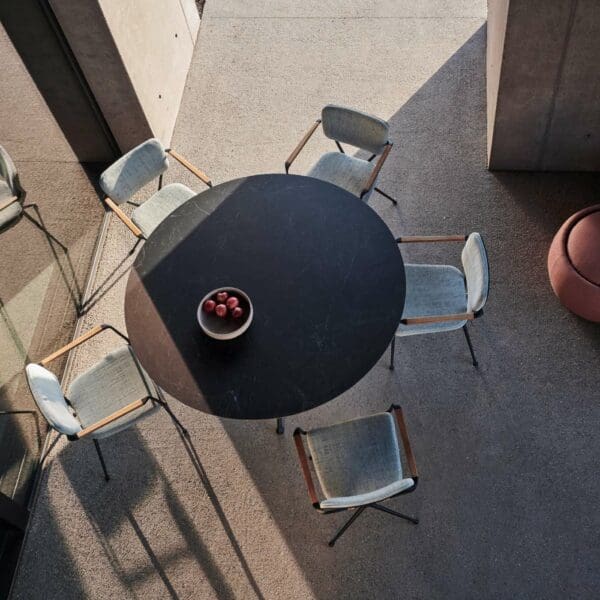 Image of birds eye view of Exes garden armchairs and Exes circular dining table by Royal Botania