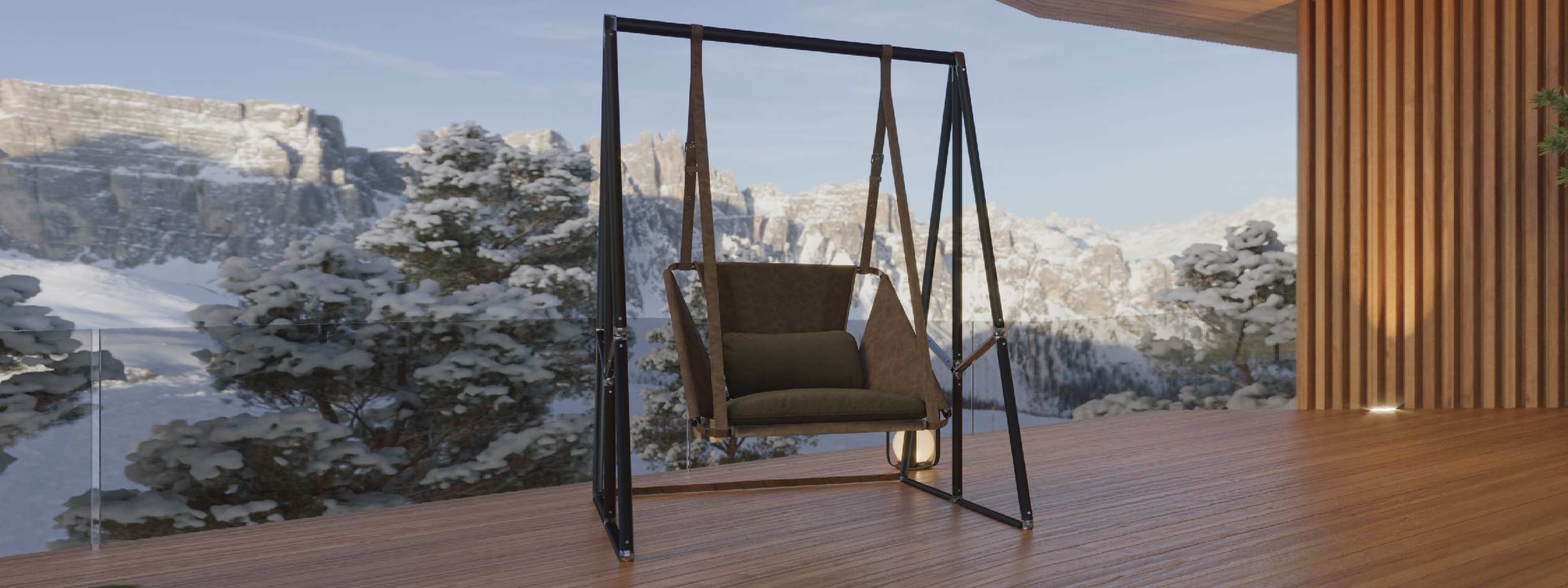 Image of Fable luxury swing chair and stand on decked terrace with snow and snow-covered trees in the background