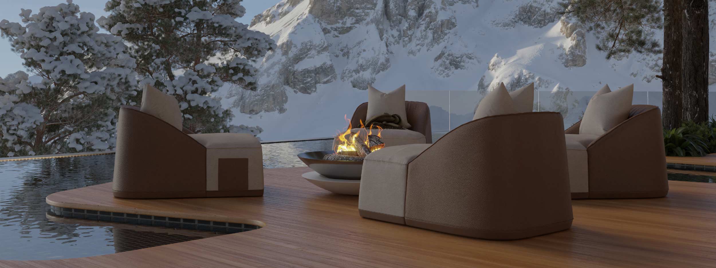 Image of Myface Flow exterior lounge furniture placed around Flama marble fire pit, with snowy mountains in the background