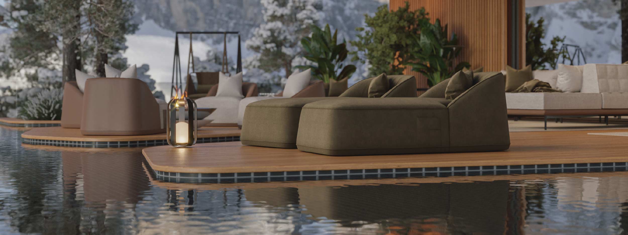 Image of pair of Myface Flow chaise longue on poolside, with Mo lounge furniture and snow-covered mountains in the background