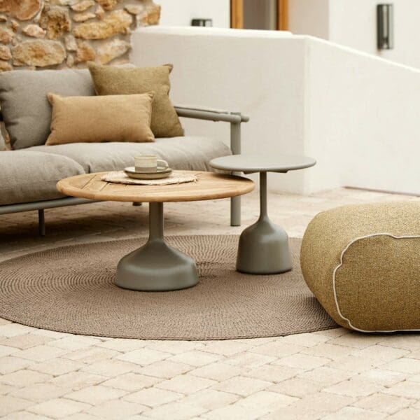 Image of Glaze outdoor low tables with table tops in teak and glazed lava stone