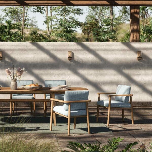 Image of Royal Botania Mambo teak garden chairs and Zidiz contemporary dining table