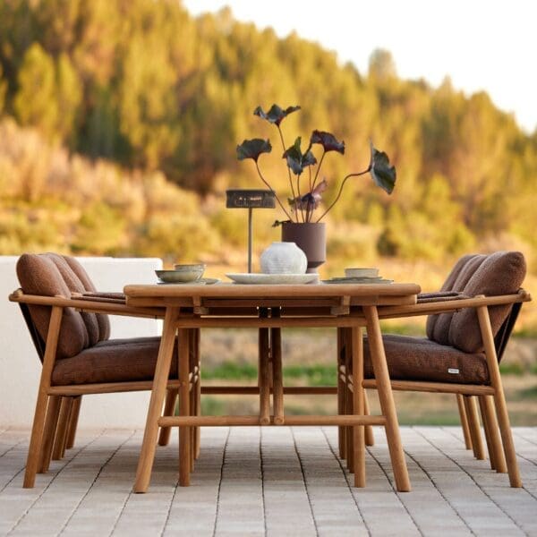 Image of Sticks teak garden table and chairs with chunky Umber-Brown back & seat cushions