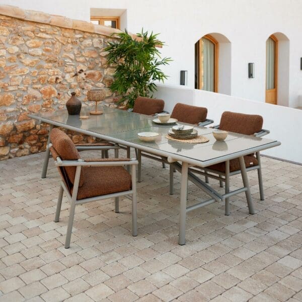 Image of Sticks contemporary garden dining set with taupe frame and Umber Brown seat cushions