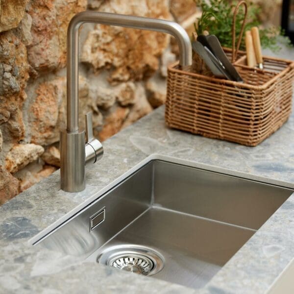 Image of detail of Sticks outdoor kitchen sink and ceramic counter top