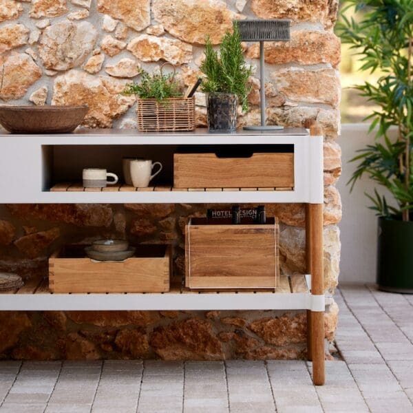 Image of Sticks outdoor kitchen module with teak shelves and drawers