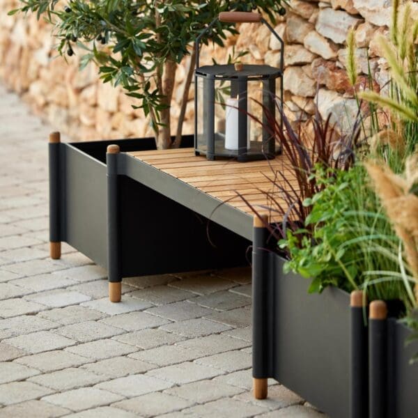 Image of Sticks modular planter & bench seats system in Lava-Grey powder coated aluminium and FSC certified teak