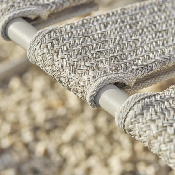 Image of detail of Strappy garden chair's white frame and fabric straps by Royal Botania