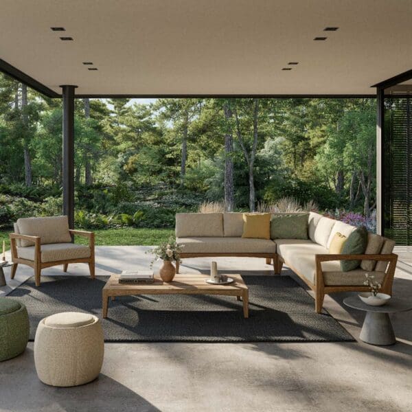 Image of Royal Botania Zenhit teak corner sofa and lounge chair on terrace beneath cantilevered ceiling