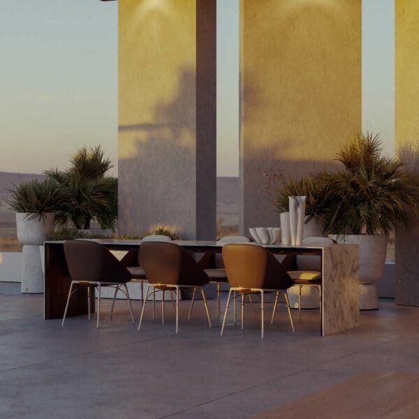 Image of Myface Zest luxury dinner table and Nero garden chairs on terrace in the long shadows of early evening