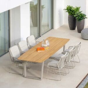 Image of bird's eye view of a teak garden table and Alden modern outdoor dining chairs by Jati & Kebon