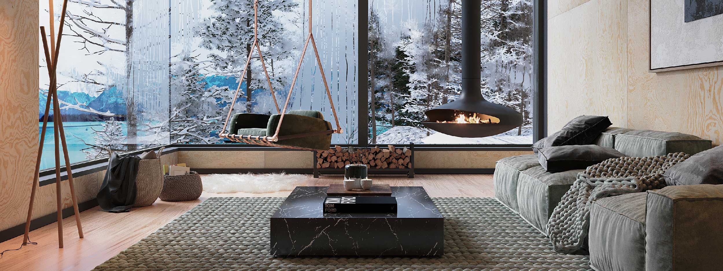 Image of Fable hanging chair inside minimalist dwelling with snow and snow-covered trees in the background