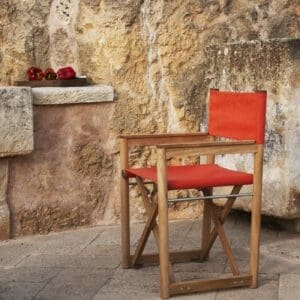 Image of Orson folding teak garden chair in ginger coloured Batyline fabric and teak