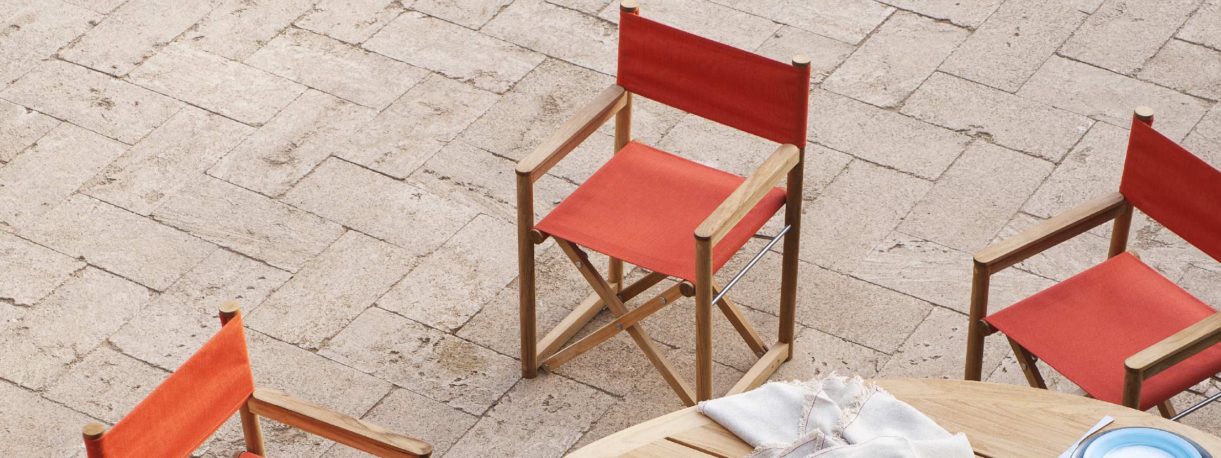 Image of aerial view of Orson modern folding teak garden chairs