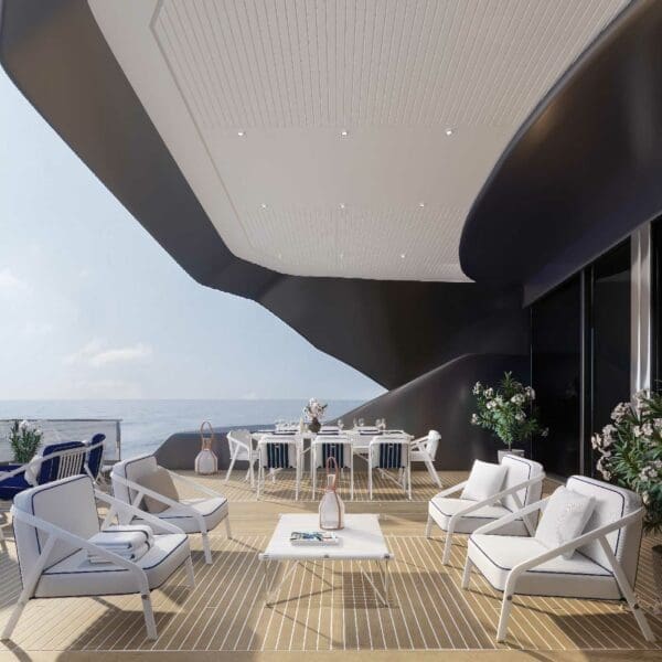 Image of Ribbon luxury yacht furniture on aft deck of yacht beneath cantilevered deckhead