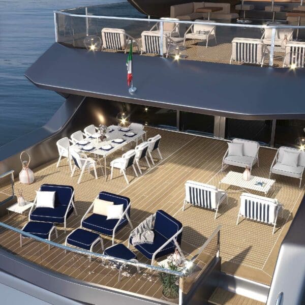 Image of aerial view of tiered aft decks of superyacht with Ribbon luxury outdoor furniture