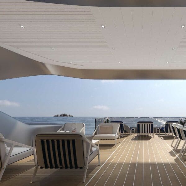 Image of sunny aft deck of superyacht with Myface luxury outdoor lounge chairs