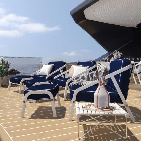 Image of Ribbon yacht furniture with white frames and Navy blue cushions