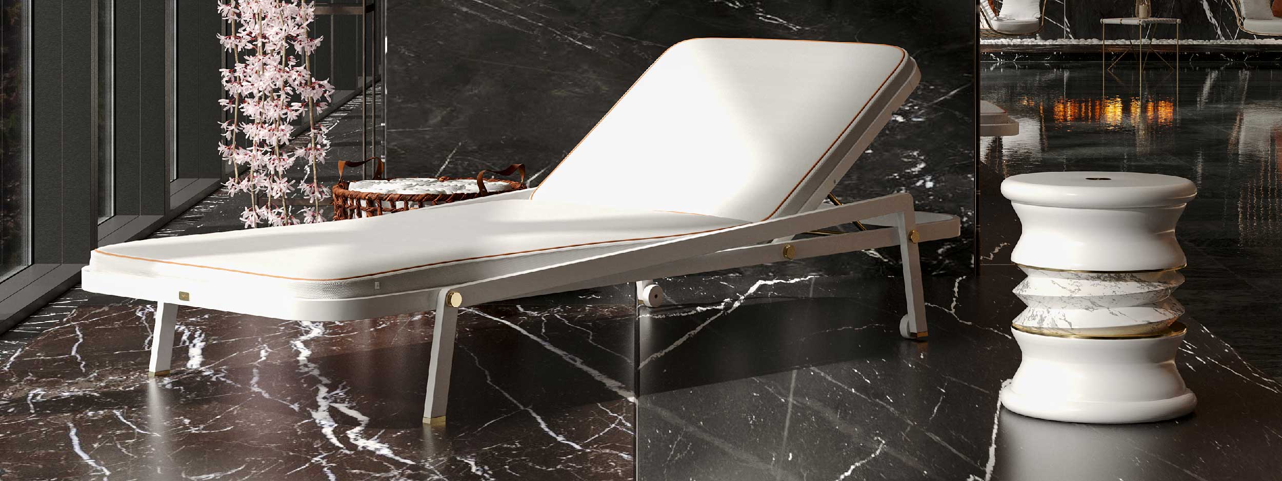 Image of Ribbon adjustable sun lounger, with white frame and cushions and polished gold fixtures & fittings by Myface