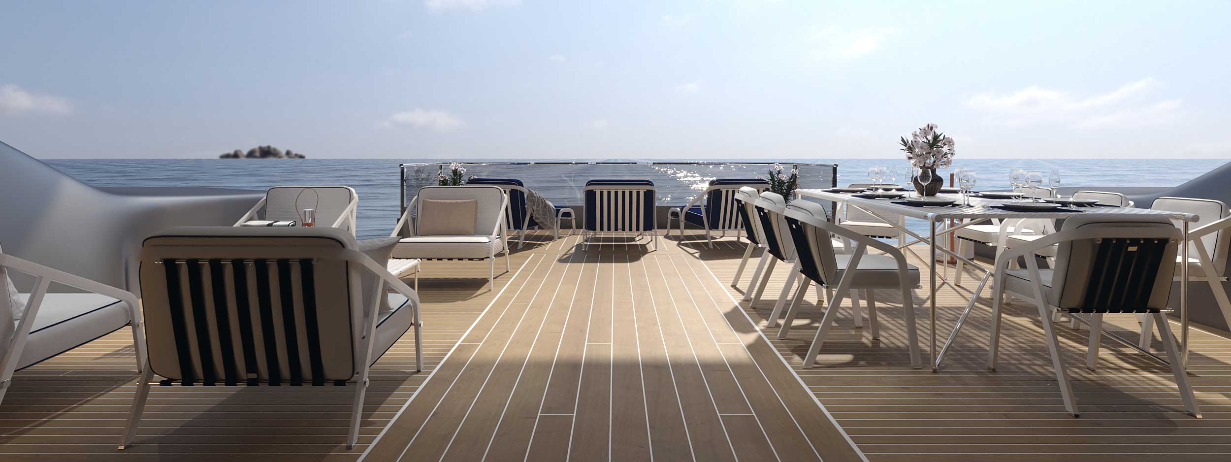 Image of aft deck of superyacht with Ribbon lounge & dining chairs by Myface