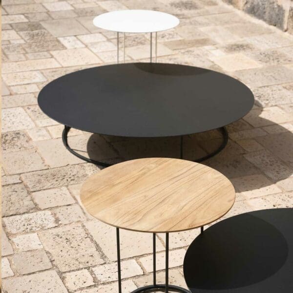 Image of RODA Zefiro round garden low tables with teak top and Smoke coloured aluminium tops