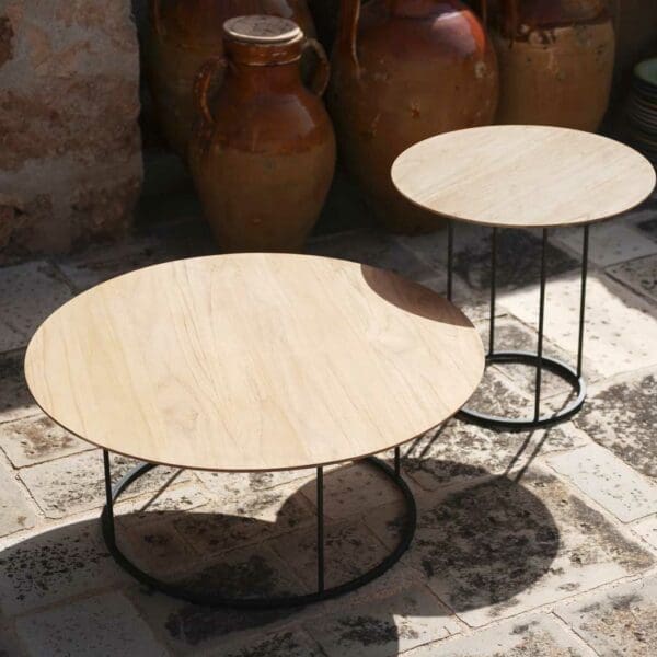Image of pair of Zefiro minimalist garden low tables with anthracite frames and teak table tops