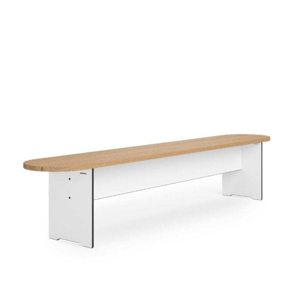 Image of Riva Round modern garden bench seat in white HPL with planked iroko top