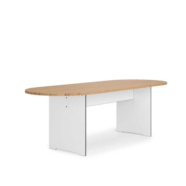 Image o Riva Round modern garden dining table in White HPL and Iroko hardwood