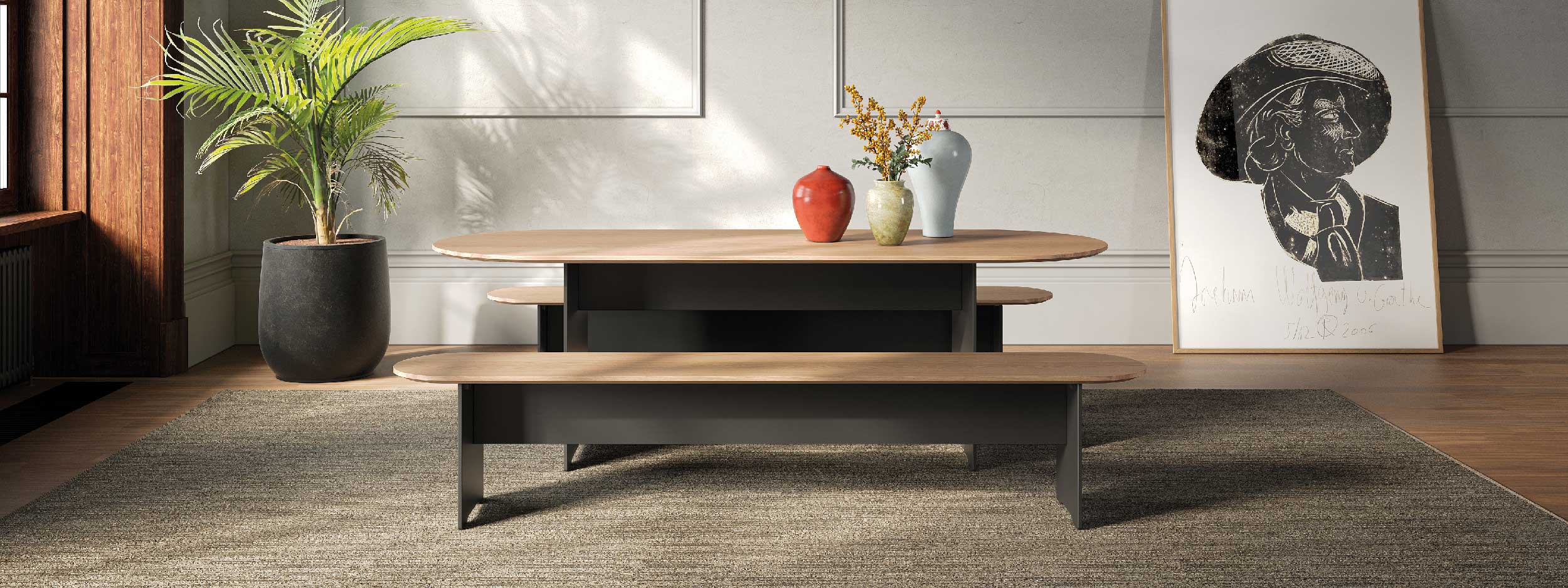 Image of Riva Round modern table and benches in anthracite HPL and oak in minimalist interior setting