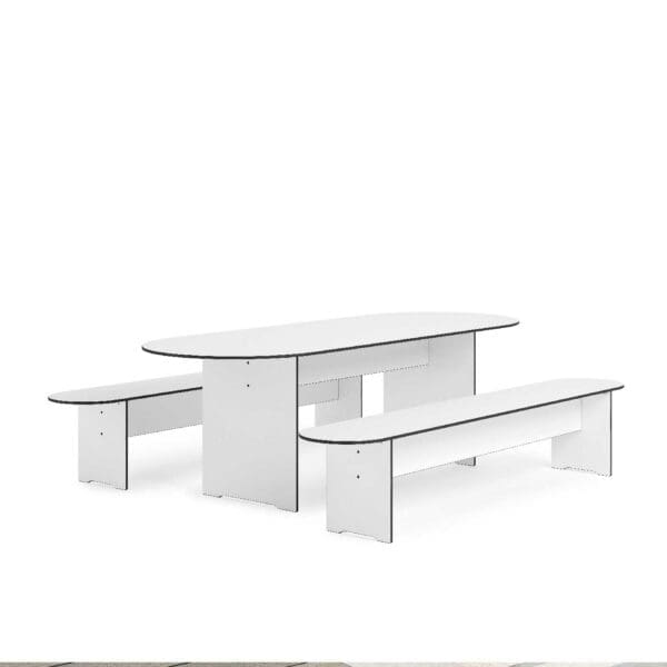 Studio image of RIVA ROUND table and benches with modern lozenge form