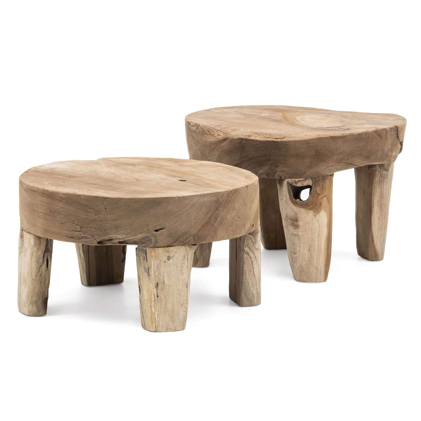 Studio image of Gommaire Samba low tables with raw contemporary design in solid teak root
