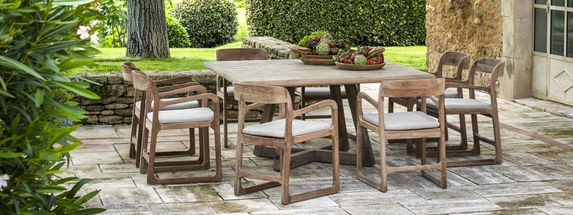 Image of Sally teak armchair and Dennis square teak dining table by Gommaire