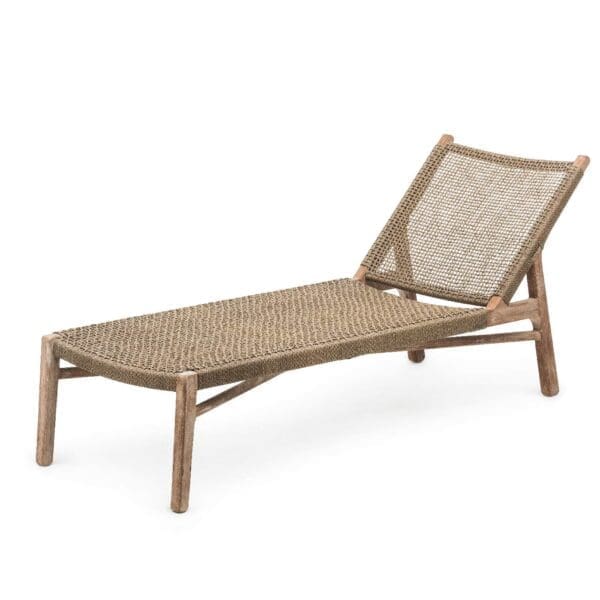 Studio image of Gommaire Fiona teak chaise longue with seat and back in antique weed coloured all-weather weave