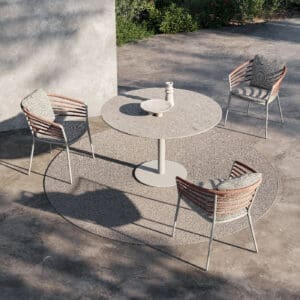 Image of aerial view of Royal Botania Archy exterior dining chairs and Butler round ceramic dining table