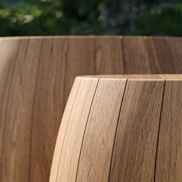 Image of detail of curved surfaces of Bariq luxury teak plant pots by Royal Botania