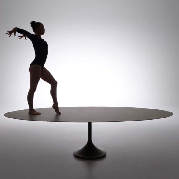 Studio image of silhouette of gymnast performing at the tip of Central's table top
