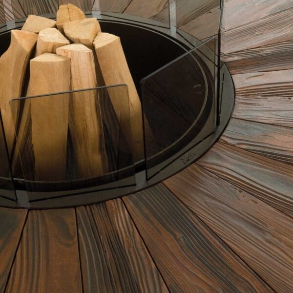 Image of AK47 Zero Texture fire pit with upper surround in cast corten steel, together with smoked glass fires screen panels