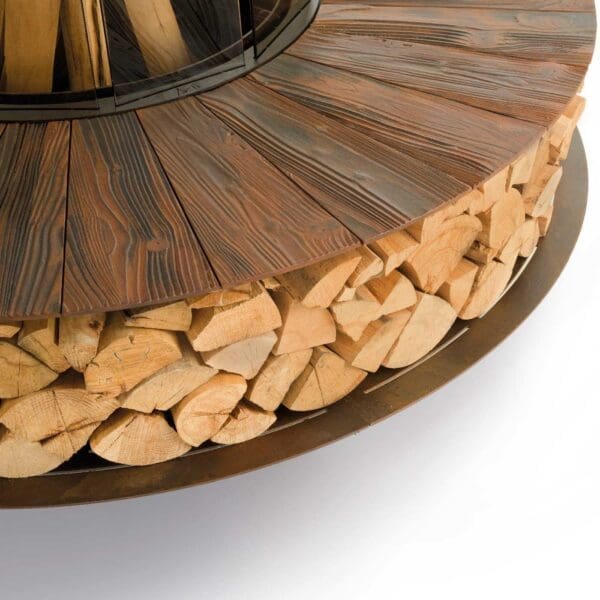 Studio image showing detail of the wooodgrain effect textured surface of Zero corten steel fire pit by AK47