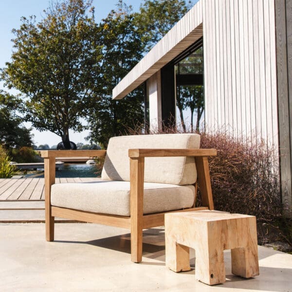 Image of Gommaire Copenhague 1 seater lounger chair in weathered teak at the Water Shed Bosham