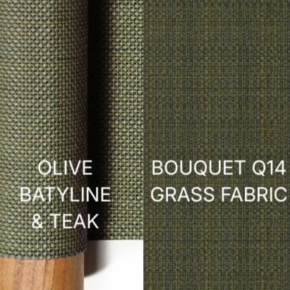 Image of swatch combination of Olive Batyline & Teak sofa + cushions in Bouquet Q14 Grass fabric
