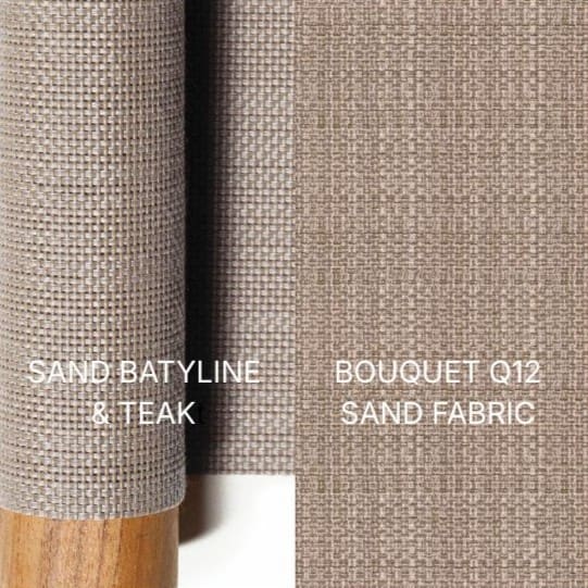 Image of swatch combination of Sand Batyline & Teak sofa + cushions in Bouquet Q12 Sand fabri used for RODA Philia sofa
